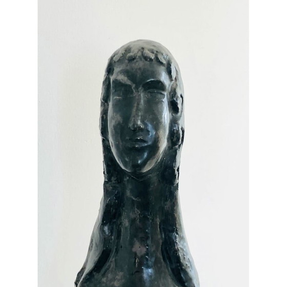 Image 1 of Scultura vintage "Donna con uccello" in ceramica smaltata nera di Paulette Toma, Francia 1960