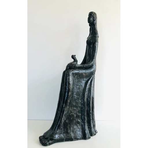 Vintage sculpture "Femme à l'oiseau" in black glazed ceramic by Paulette Toma, France 1960