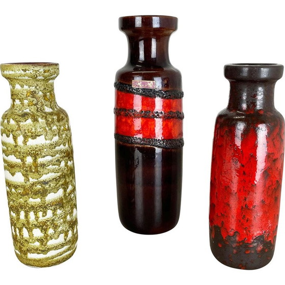 Image 1 of Set of 3 vintage Art vases in porcelain and fat lava for Scheurich, Germany 1970s