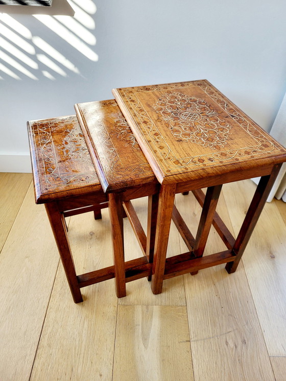 Image 1 of Vintage Set Side Tables or Nestingtables, 3 Pieces, Inlaid Wood Pattern