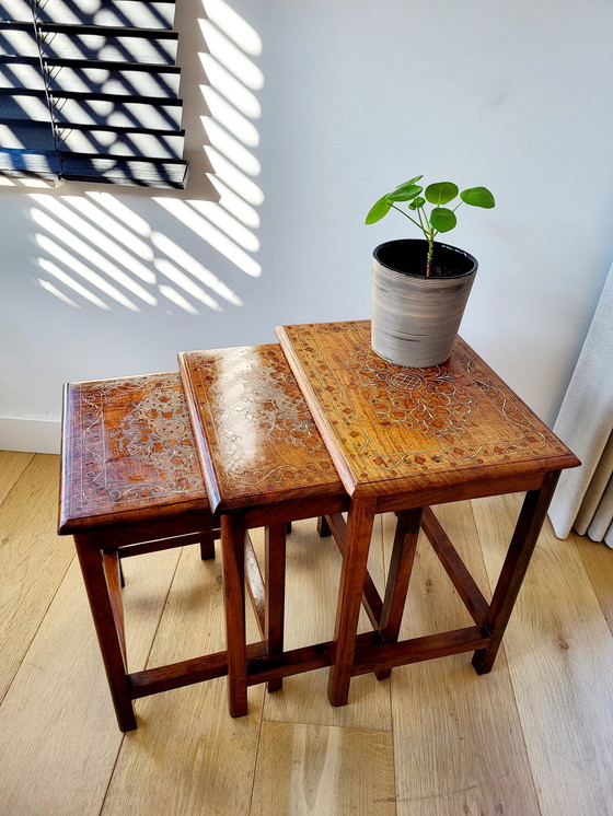 Image 1 of Vintage Set Side Tables or Nestingtables, 3 Pieces, Inlaid Wood Pattern