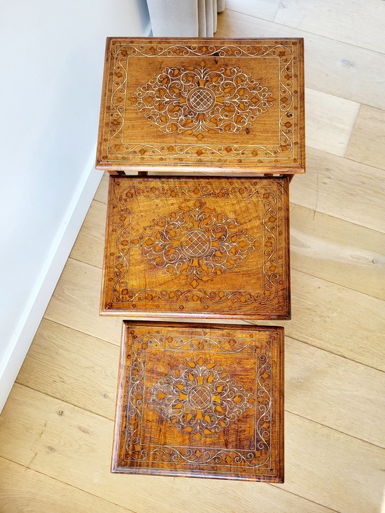 Image 1 of Vintage Set Side Tables or Nestingtables, 3 Pieces, Inlaid Wood Pattern
