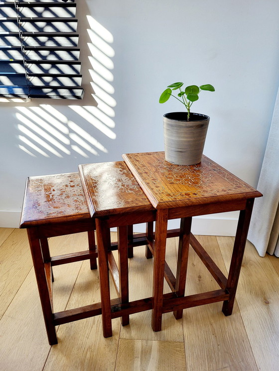 Image 1 of Vintage Set Side Tables or Nestingtables, 3 Pieces, Inlaid Wood Pattern