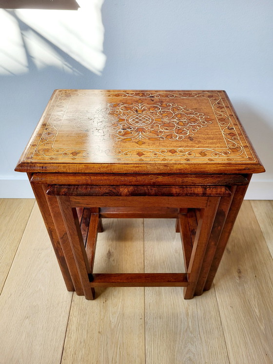 Image 1 of Vintage Set Side Tables or Nestingtables, 3 Pieces, Inlaid Wood Pattern