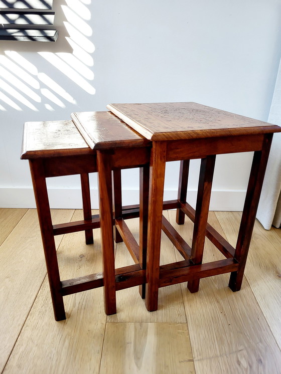 Image 1 of Vintage Set Side Tables or Nestingtables, 3 Pieces, Inlaid Wood Pattern