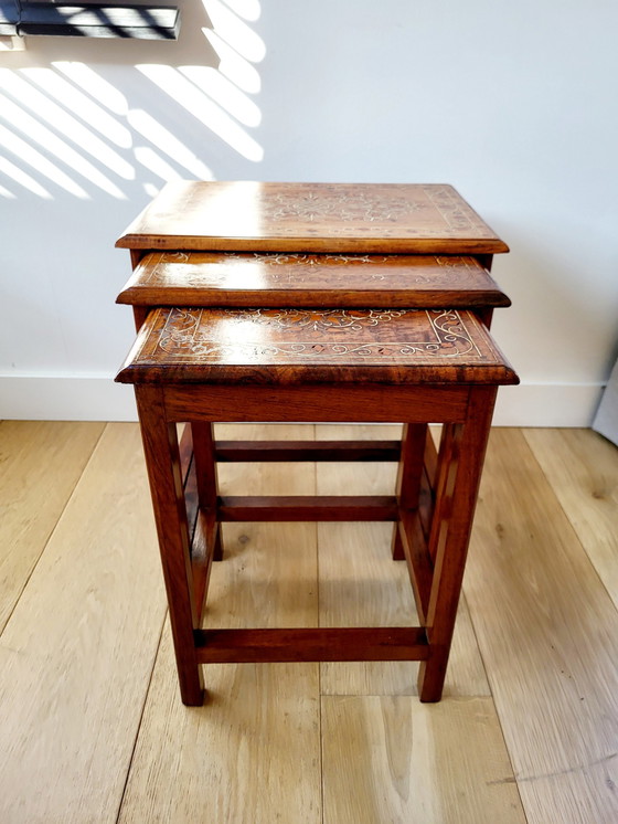 Image 1 of Vintage Set Side Tables or Nestingtables, 3 Pieces, Inlaid Wood Pattern