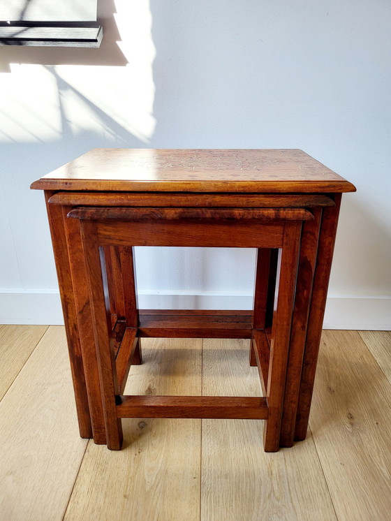 Image 1 of Vintage Set Side Tables or Nestingtables, 3 Pieces, Inlaid Wood Pattern