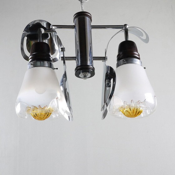 Image 1 of Vintage italien chandelier in chrome wood and glass Italy 1970s