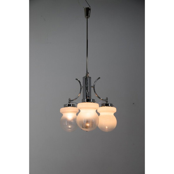 Image 1 of Vintage three-flamming chandelier made of steel and blown glass, Italy 1970