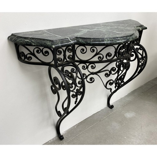 Vintage Art Deco console in wrought iron and green Alpine marble