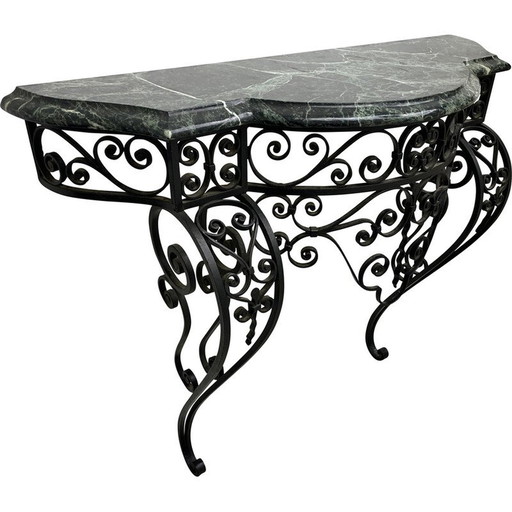 Vintage Art Deco console in wrought iron and green Alpine marble