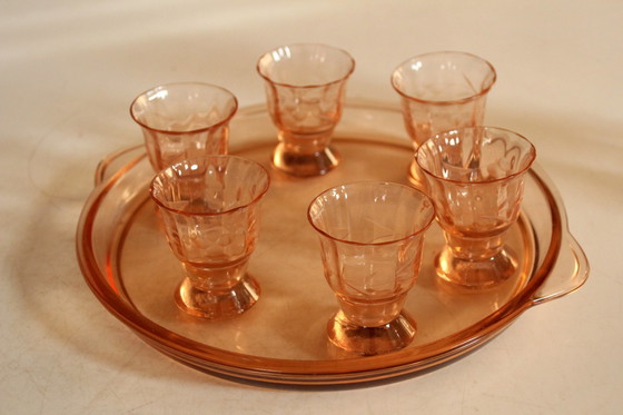 Image 1 of Art Deco set Rosalin glass carafe with 6 glasses and tray