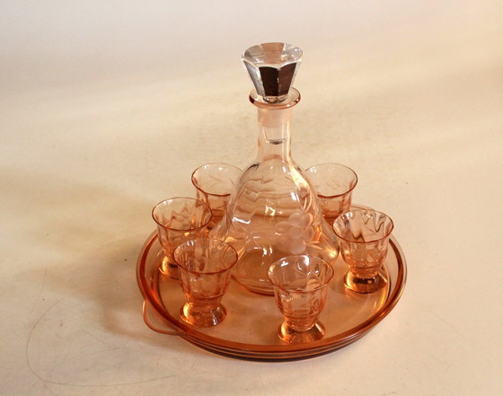 Image 1 of Art Deco set Rosalin glass carafe with 6 glasses and tray