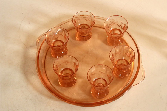 Image 1 of Art Deco set Rosalin glass carafe with 6 glasses and tray