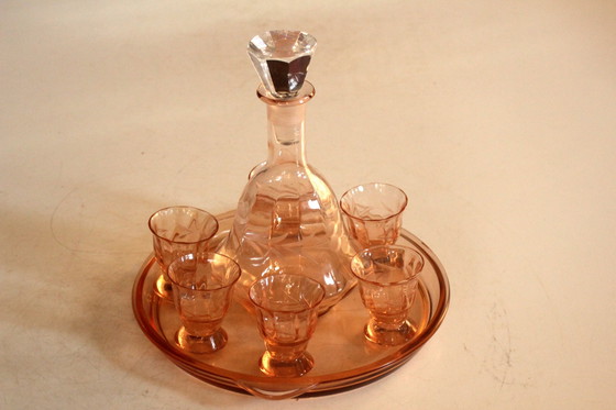 Image 1 of Art Deco set Rosalin glass carafe with 6 glasses and tray