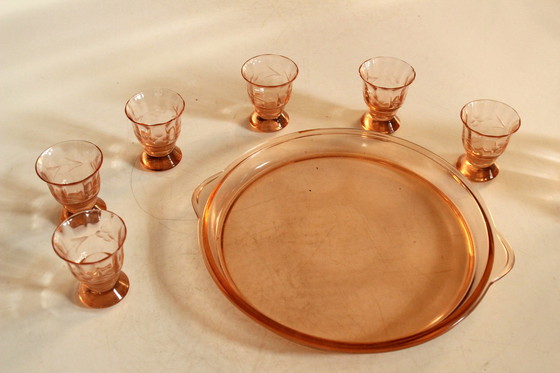 Image 1 of Art Deco set Rosalin glass carafe with 6 glasses and tray