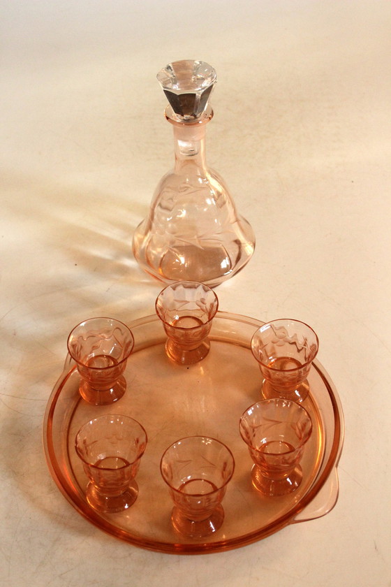 Image 1 of Art Deco set Rosalin glass carafe with 6 glasses and tray