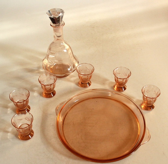 Image 1 of Art Deco set Rosalin glass carafe with 6 glasses and tray