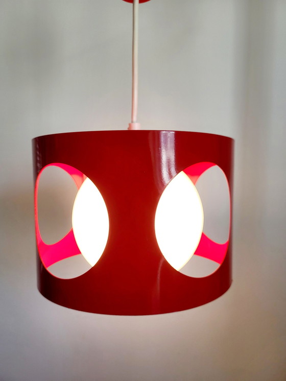 Image 1 of Space age pendant lamp, red metal, opaline glass globe, 1960s-1970s