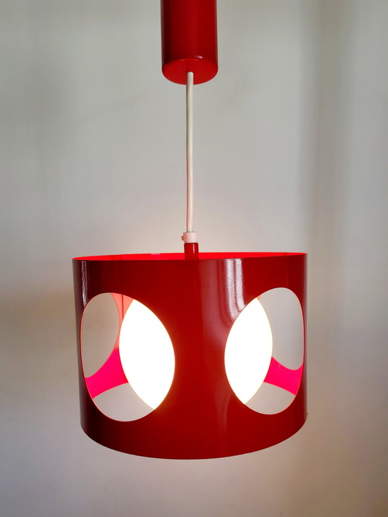 Image 1 of Space age pendant lamp, red metal, opaline glass globe, 1960s-1970s