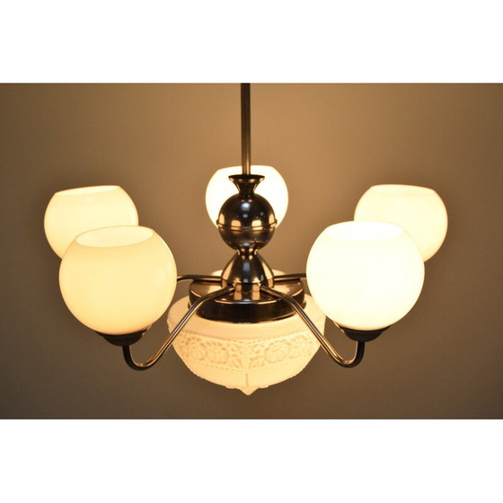 Image 1 of Lampadario Art Déco vintage in vetro, metallo e cromo, Cecoslovacchia, anni '30