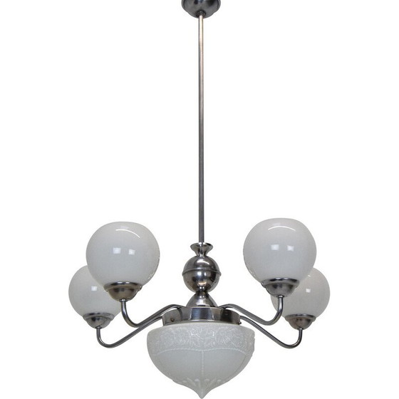 Image 1 of Lampadario Art Déco vintage in vetro, metallo e cromo, Cecoslovacchia, anni '30