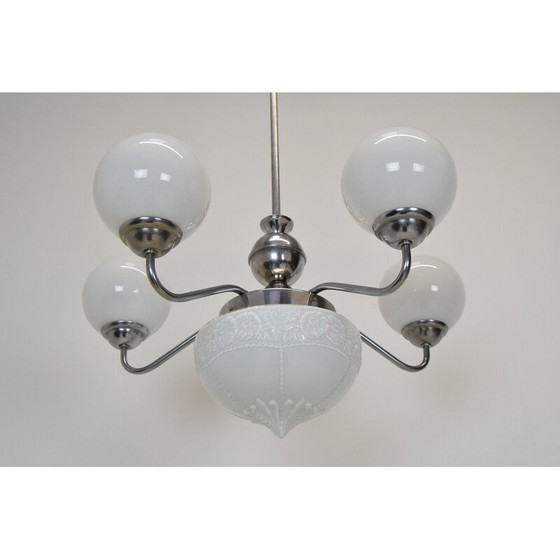 Image 1 of Lampadario Art Déco vintage in vetro, metallo e cromo, Cecoslovacchia, anni '30