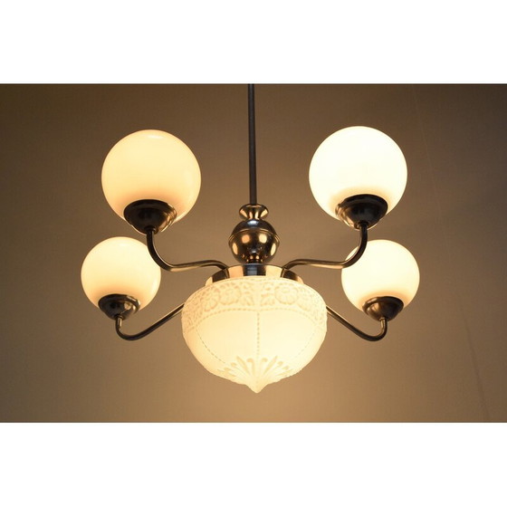 Image 1 of Lampadario Art Déco vintage in vetro, metallo e cromo, Cecoslovacchia, anni '30