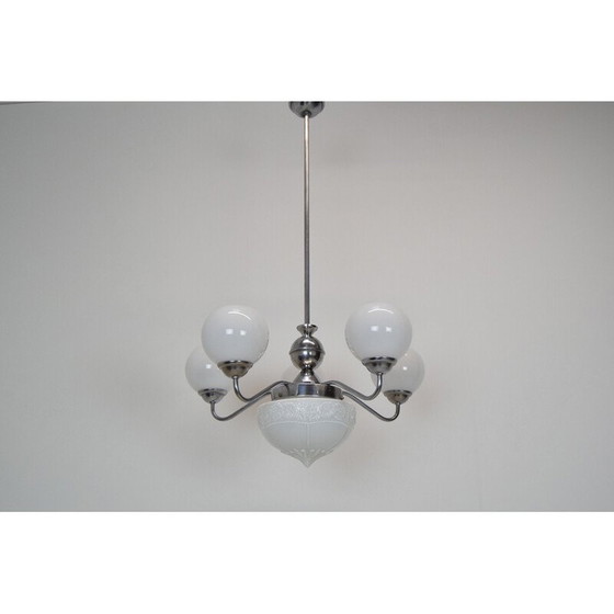 Image 1 of Lampadario Art Déco vintage in vetro, metallo e cromo, Cecoslovacchia, anni '30