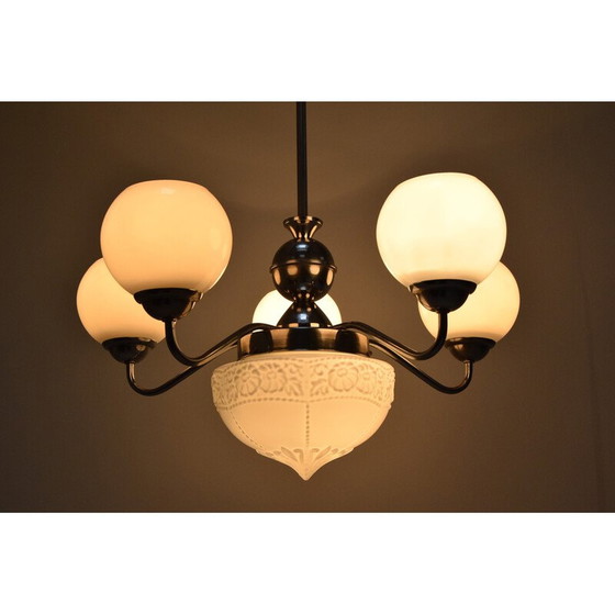 Image 1 of Lampadario Art Déco vintage in vetro, metallo e cromo, Cecoslovacchia, anni '30