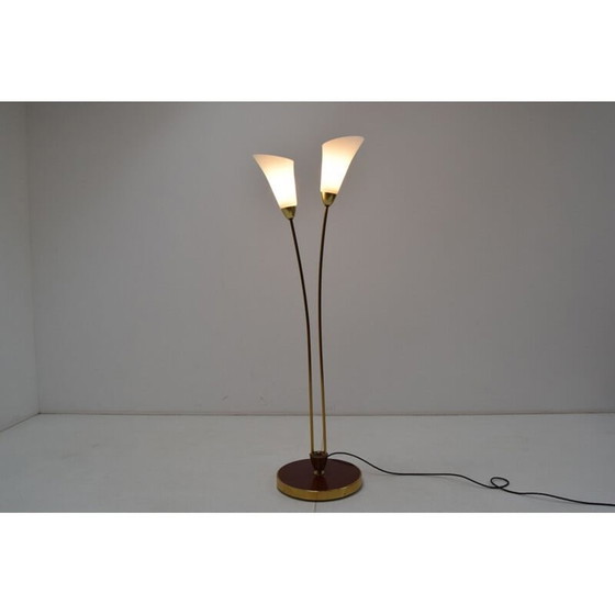 Image 1 of Vintage art deco brass and opal glass floor lamp, Czechoslovakia 1940