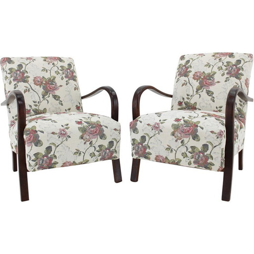 Pair of vintage armchairs in stained beech wood, Czechoslovakia 1960