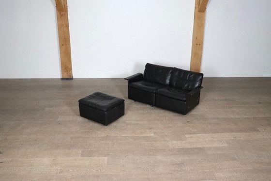 Image 1 of Dieter Rams Model 620 Two Seater Sofa With Ottoman In Black Leather For Vitsoe, 1980S