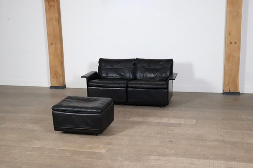 Dieter Rams Model 620 Two Seater Sofa With Ottoman In Black Leather For Vitsoe, 1980S