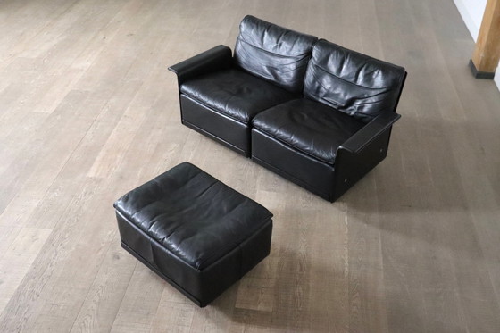 Image 1 of Dieter Rams Model 620 Two Seater Sofa With Ottoman In Black Leather For Vitsoe, 1980S