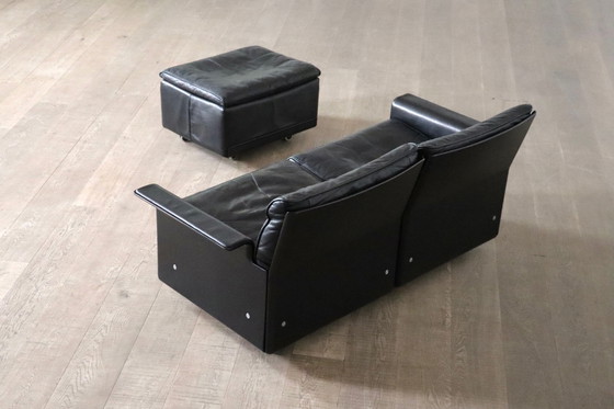 Image 1 of Dieter Rams Model 620 Two Seater Sofa With Ottoman In Black Leather For Vitsoe, 1980S