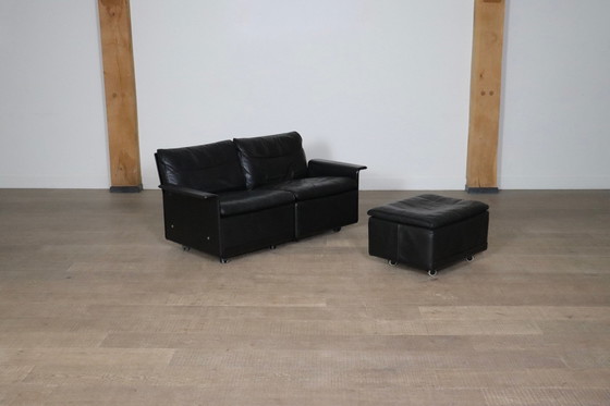 Image 1 of Dieter Rams Model 620 Two Seater Sofa With Ottoman In Black Leather For Vitsoe, 1980S