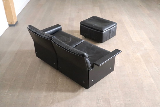 Image 1 of Dieter Rams Model 620 Two Seater Sofa With Ottoman In Black Leather For Vitsoe, 1980S