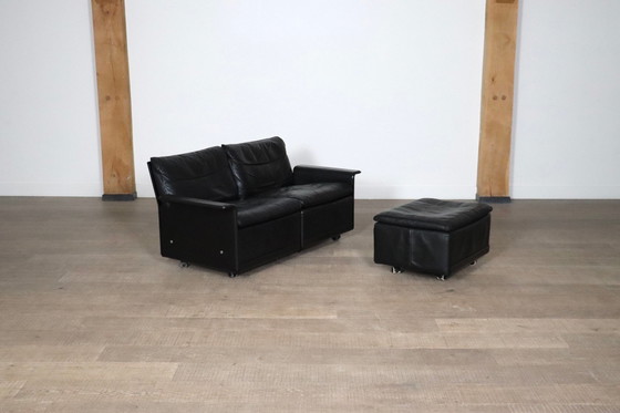 Image 1 of Dieter Rams Model 620 Two Seater Sofa With Ottoman In Black Leather For Vitsoe, 1980S