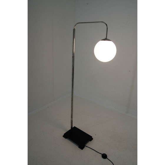 Image 1 of Vintage functionalist adjustable floor lamp in wood, nickel and opaline glass, 1930s