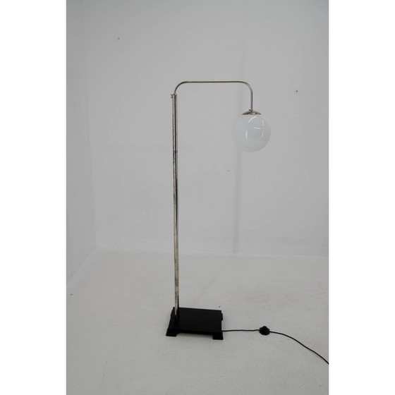 Image 1 of Vintage functionalist adjustable floor lamp in wood, nickel and opaline glass, 1930s