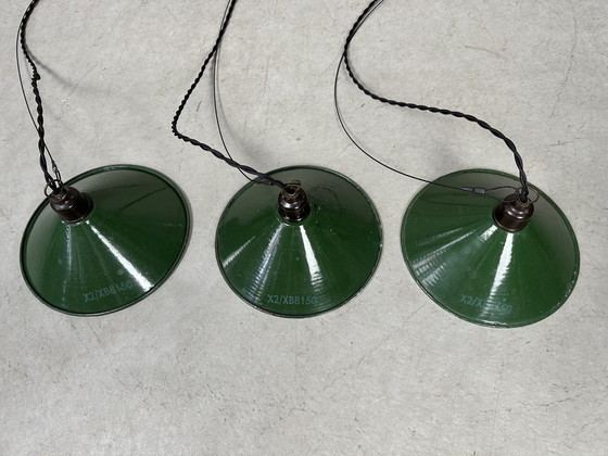 Image 1 of 3X Industrial Pendant Lamp - Green Enamel