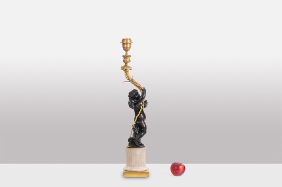 Image 1 of Bronze Lamp Representing A Putti, Marble Base. Circa 1880.