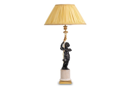 Image 1 of Bronze Lamp Representing A Putti, Marble Base. Circa 1880.