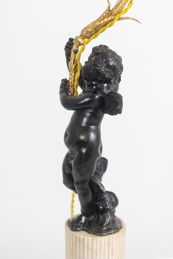 Image 1 of Bronze Lamp Representing A Putti, Marble Base. Circa 1880.
