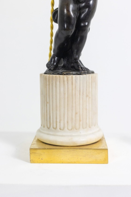 Image 1 of Bronze Lamp Representing A Putti, Marble Base. Circa 1880.