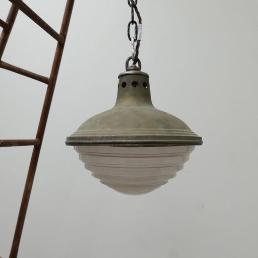 Vintage pendant lamp in patinated metal and holophane glass, France 1950