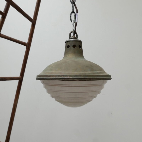 Image 1 of Vintage pendant lamp in patinated metal and holophane glass, France 1950
