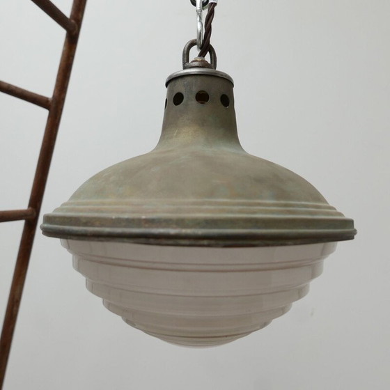 Image 1 of Vintage pendant lamp in patinated metal and holophane glass, France 1950