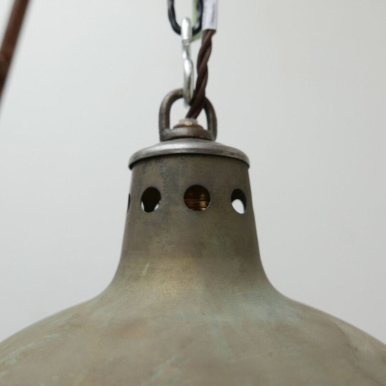 Image 1 of Vintage pendant lamp in patinated metal and holophane glass, France 1950